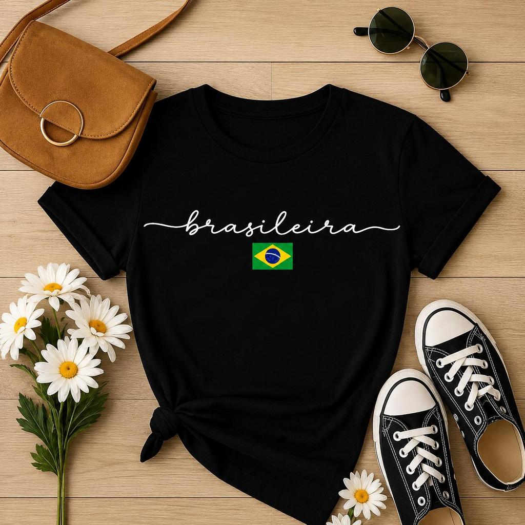 Camiseta Feminina Brasileira Copa Brasil 100% Algodão Camisa Estampa Minimalista Casual Confortável — imagem 2 de 2