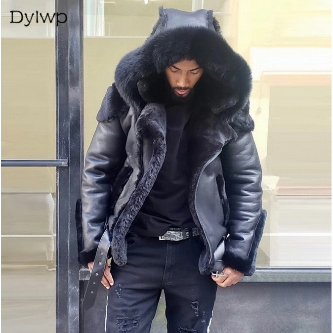 Jaqueta Masculina De Couro PU Com Capuz Outono Inverno Engrossado Zíper Manga Comprida Casaco Casual