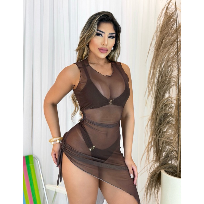 Saída de Praia Vestido Transparente Marrom em Tule com Elastano – Ref. 2383 em Oferta na Shopee