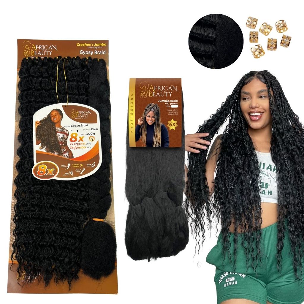 Kit Gypsy braid Crochet Cacheado Cabelo Fibra Orgânica Premium + 480g Jumbo Tranças com cachos
