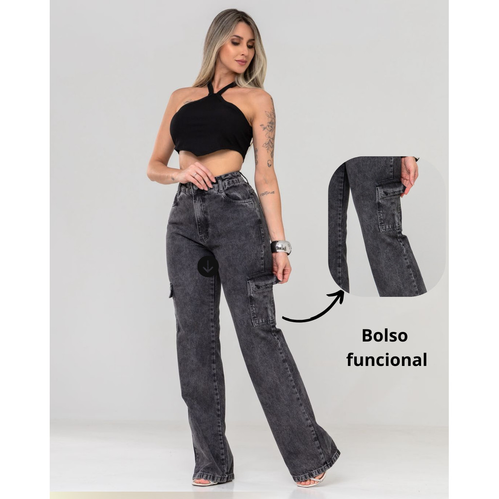 Calça Feminina Wide Leg jeans Chumbo-Marmorizada com bolso cargo cintura alta 