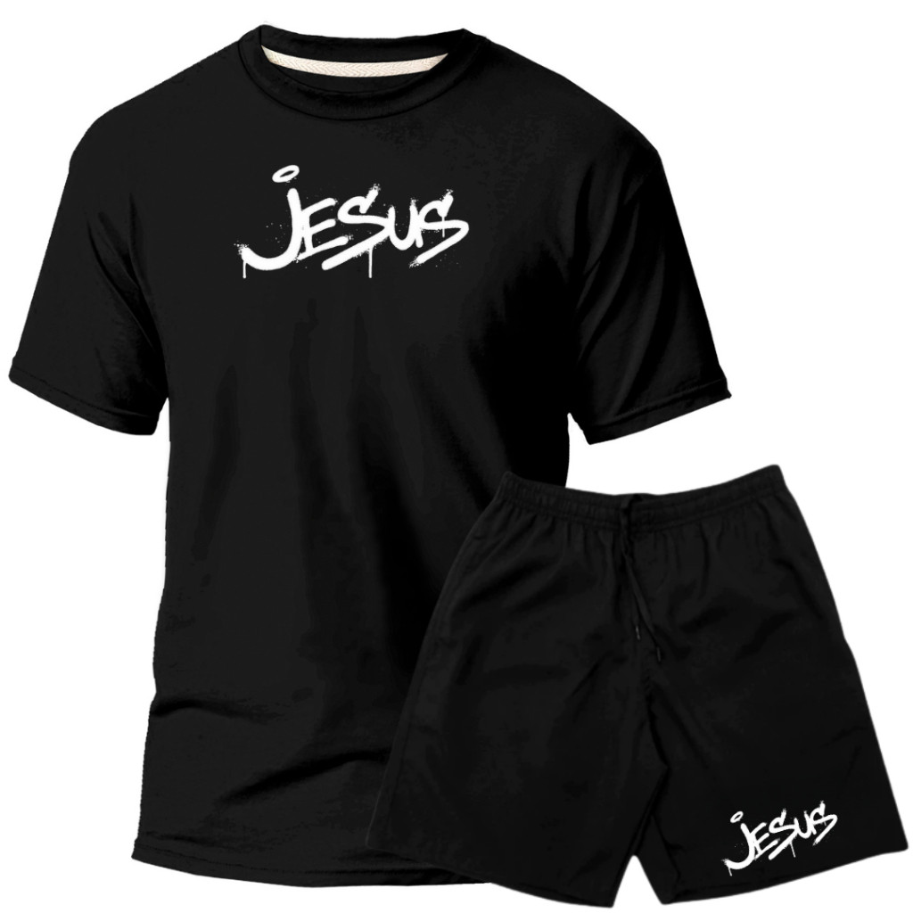 Conjunto Kit Estampado Jesus Camiseta Masculina 100% Algodão 30,1 Short Tectel com Elastano