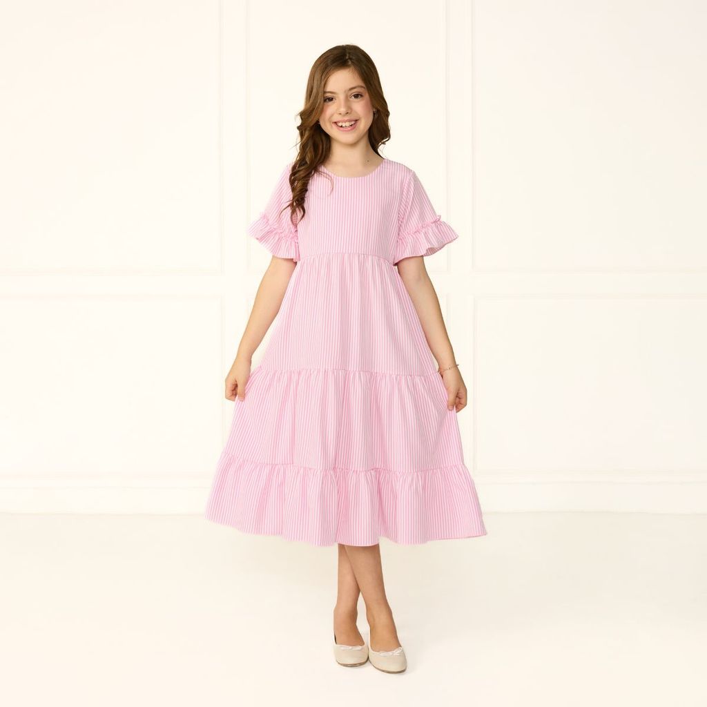Vestido Infantil Alice Listrado Rosa Com Manga Babado Casamento Festivo