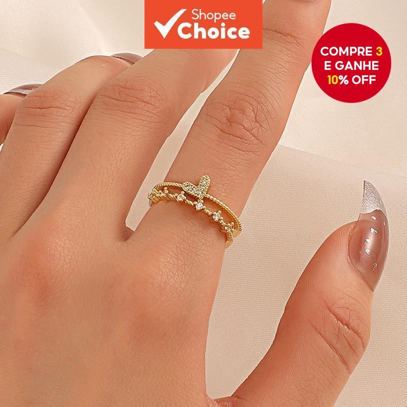Coreano Elegante Ouro Diamante Dupla Camada Anel De Amor Para Mulheres Acessórios De Jóias Ajustáveis Fashionable em Oferta na Shopee