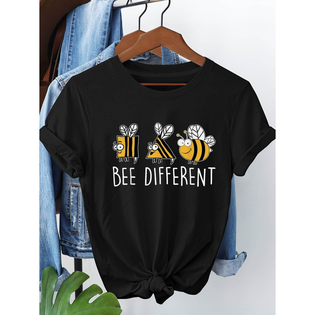 Bonito Camiseta Feminina Casual Em Puro Algodão, Com Diversas Estampas De Abelhas E A Frase "BEE DIFFERENT" Estampada