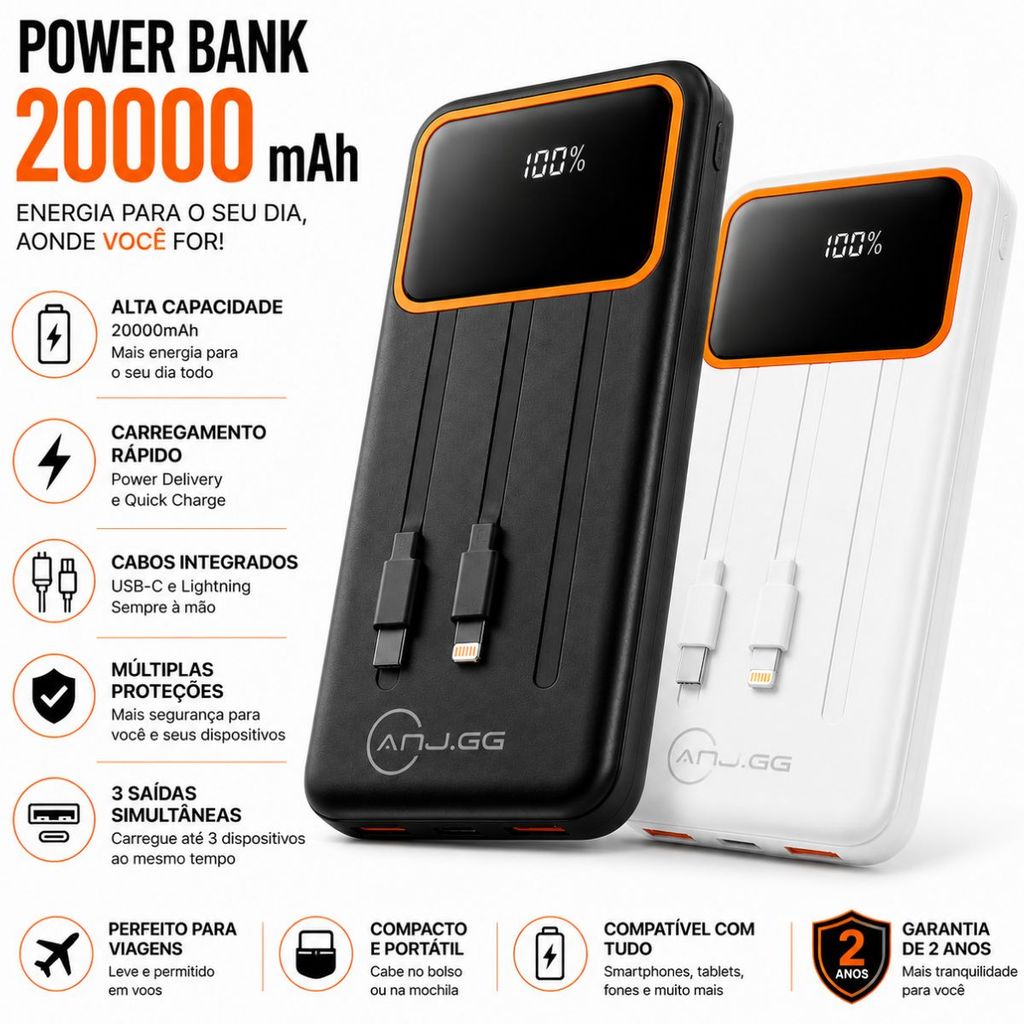 Carregador Power Bank 20000 Mah Turbo 33W Carregamento Rapido Carregador Universal Cabos Integrados
