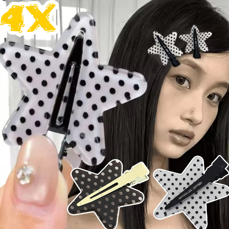 1-4 Unidades De Grampos De Cabelo Pretos E Brancos Com Bolinhas Estrela-Moda , Doce , Y2K-Grampo Quebrado Sem Costura-Pa