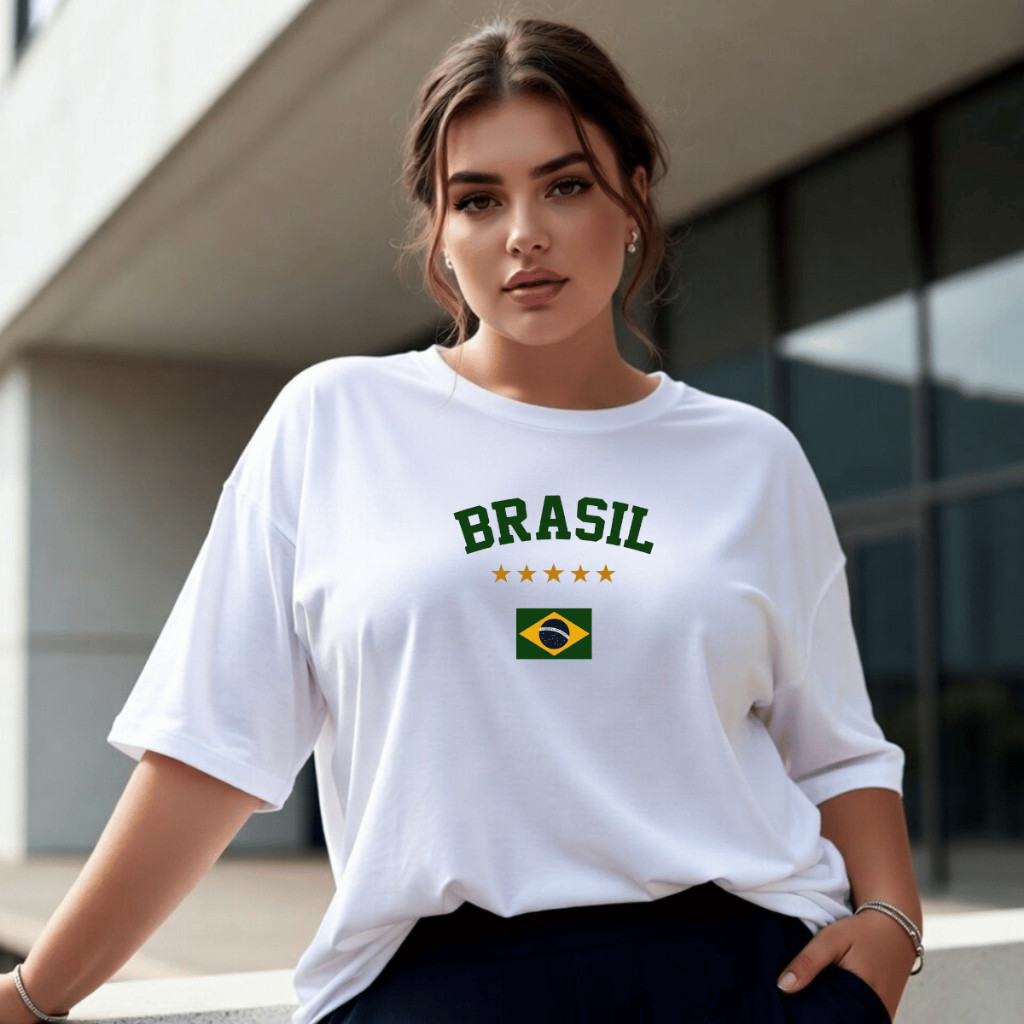 Camiseta Feminina Plus Size Estampada Brasil Estrela Blusa Copa Camisa do Brasil Blusa 100% Algodão