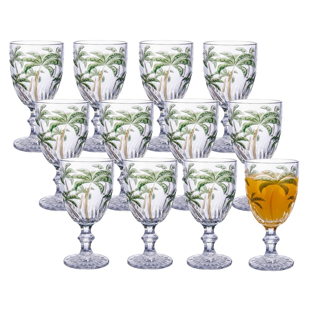 Jogo 12 Taça de Coqueiro Palm Tree Vidro Transparente com Desenho Palmeira Class Home 300ml