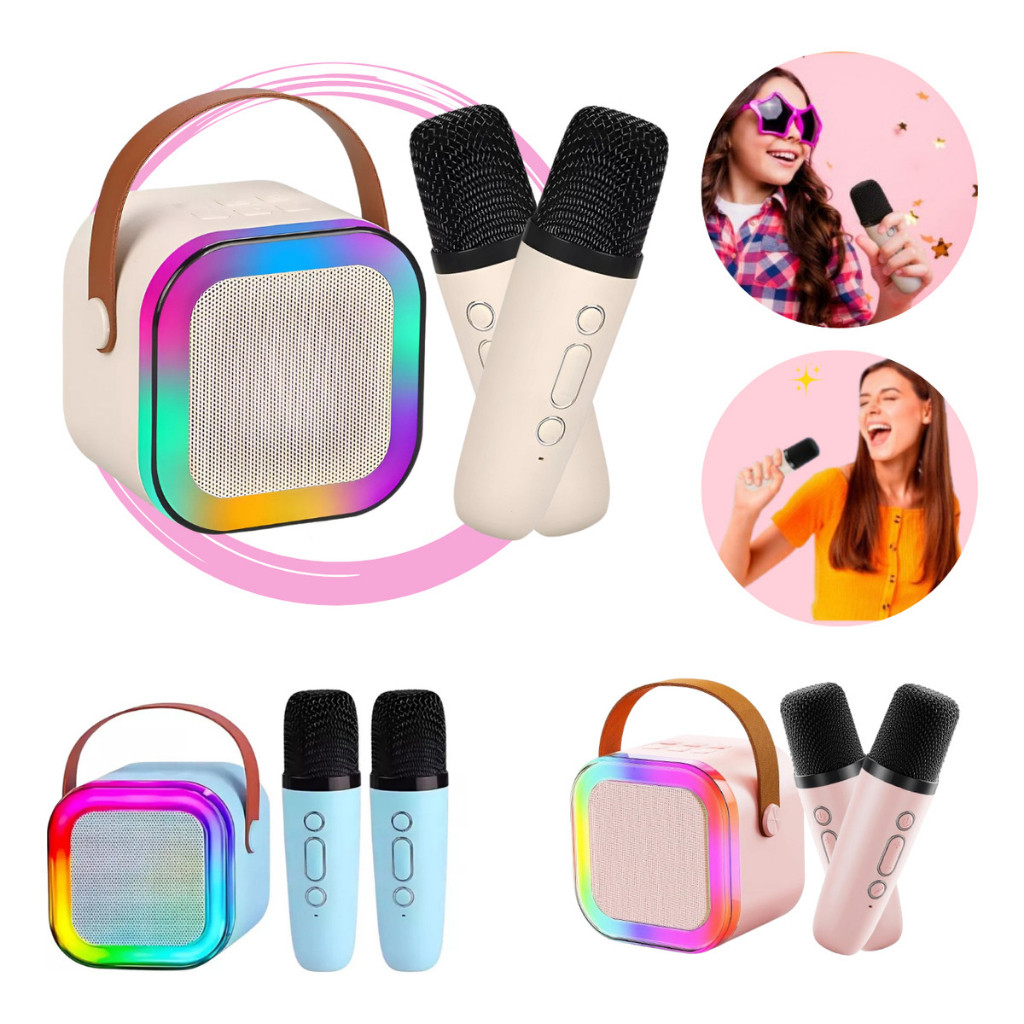 K12 Caixa de Som Karaokê Portátil Bluetooth Com 2 Microfones LED RGB Festa Casa