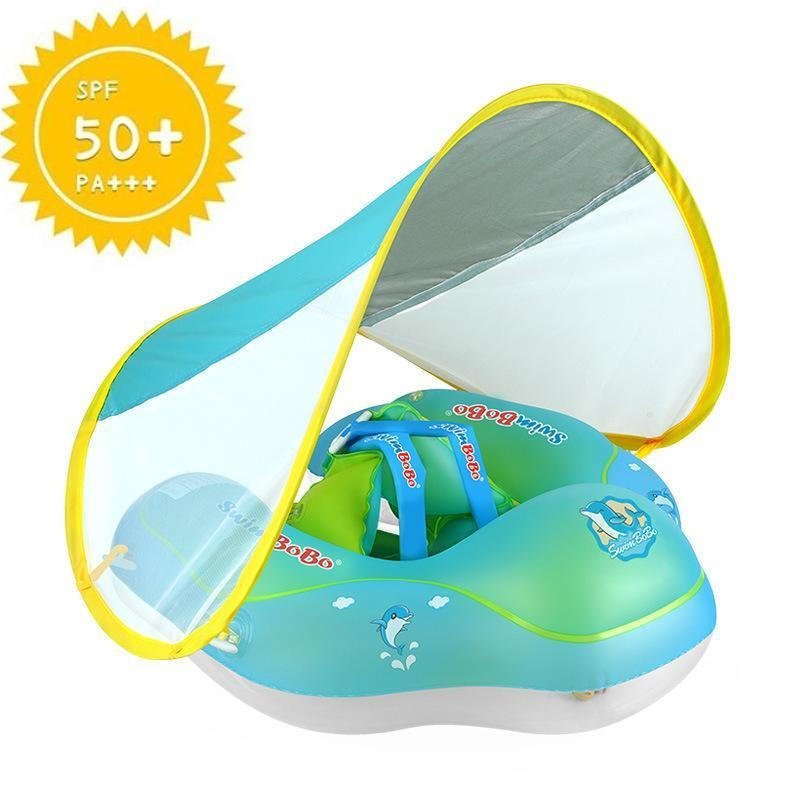 Flutuador Inflável para Bebês com Toldo de Proteção Solar, Cauda Adicional para Evitar Tombamento, Adequado para Idades