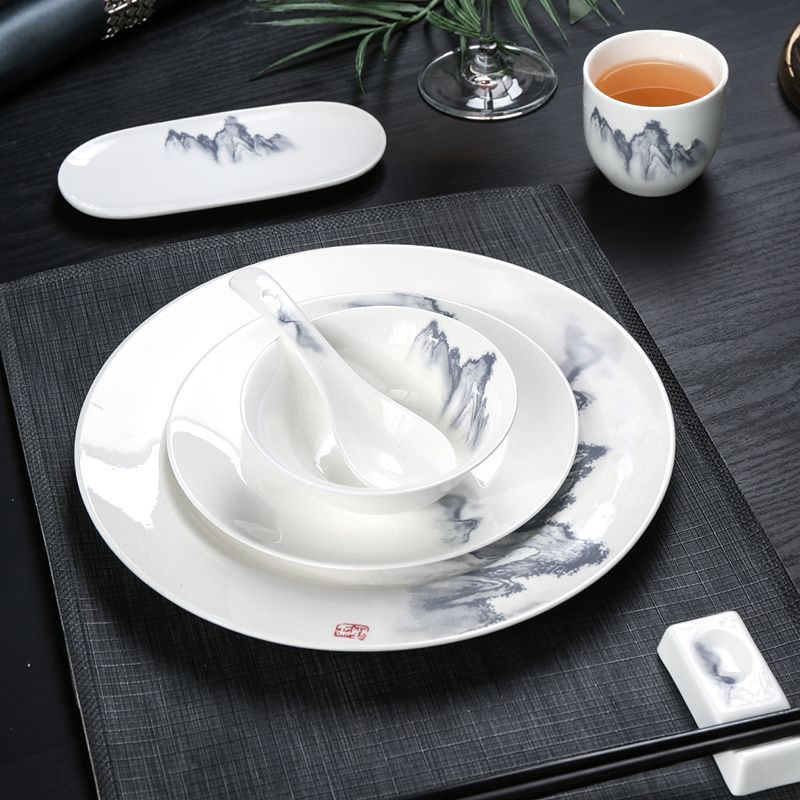 Conjunto de utensílios de mesa em estilo chinês, tigelas de cerâmica, pratos, colheres, conjunto de três peças para rest