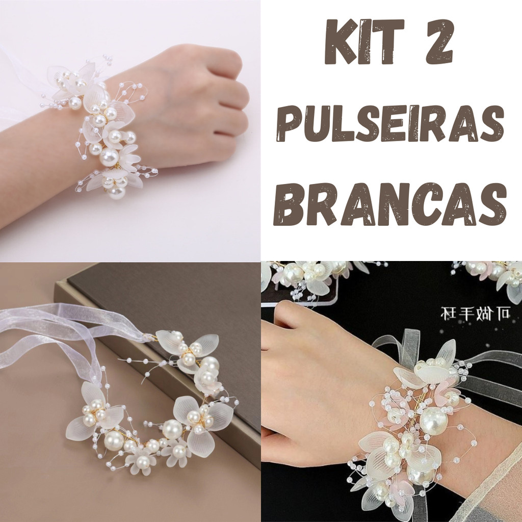 Kit 2 Pulseiras Brancas Luxo Infantil com Pérolas e Flores para Festa e Cerimônia Aniversário Daminha Bracelete