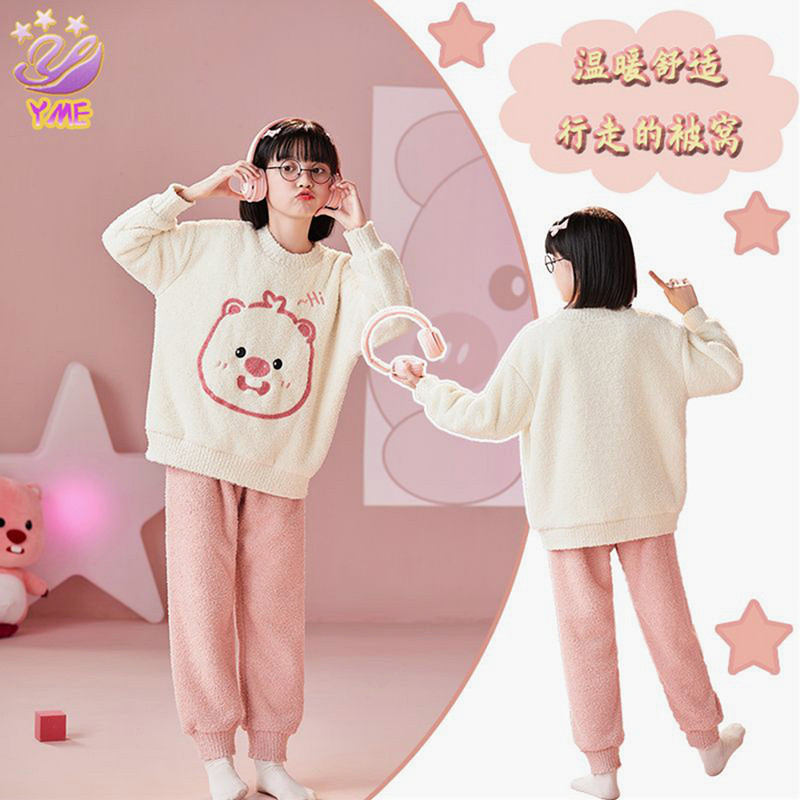 Roupas para casa das crianças inverno meia face velo pulôver terno térmico meninas flanela Coral engrossado médio grande