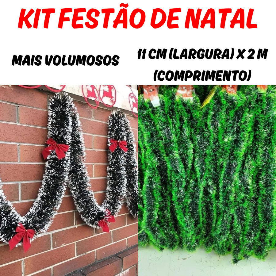 KIT 6 4 ou 2 Peças Festão 2mX11cm Ponta Verde Claro Ou Branco Volumoso Enfeitar Árvores Natalinas