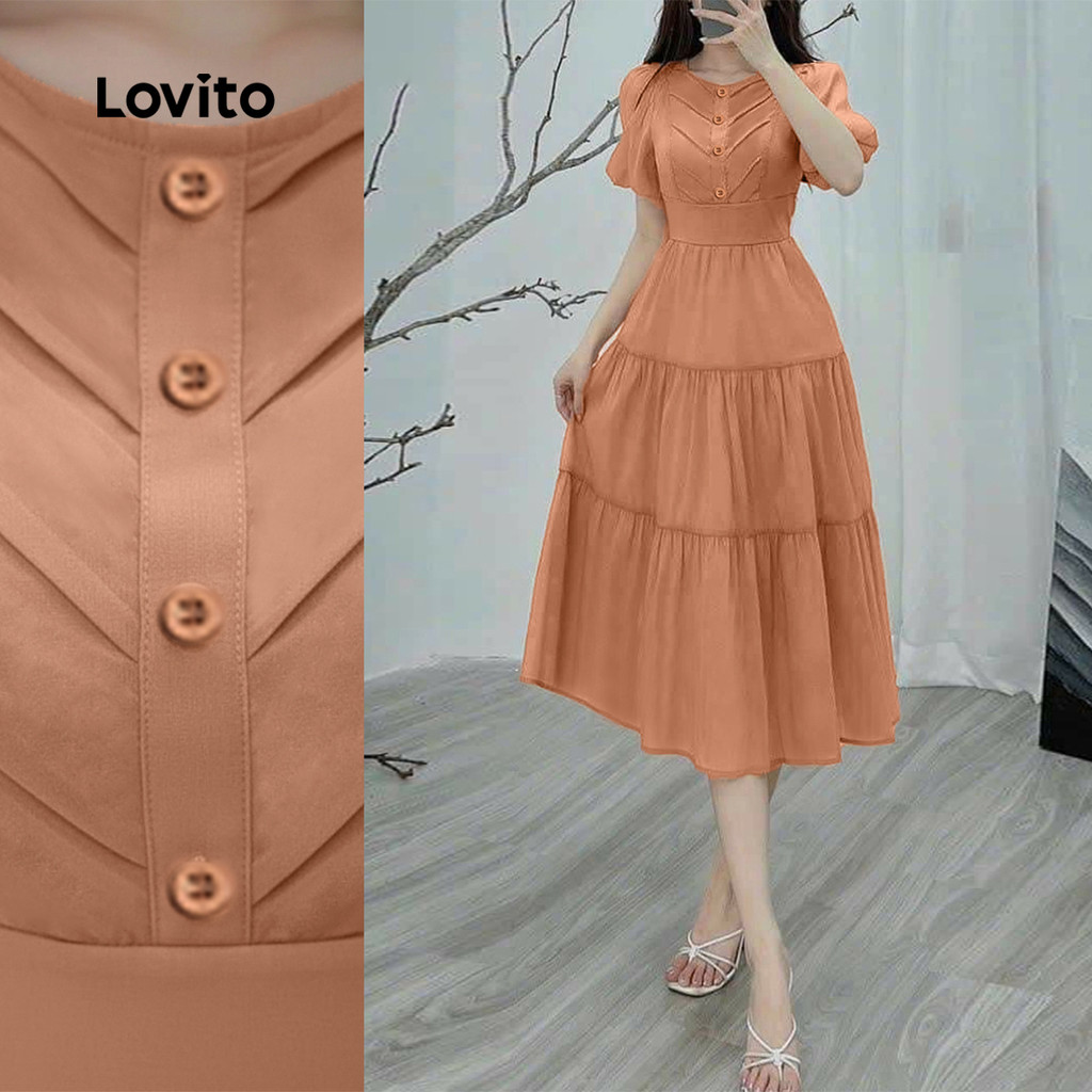 Lovito Vestido Casual Estrutura Linha Primavera/verão Caqui para Mulheres L167ED050 em Oferta na Shopee