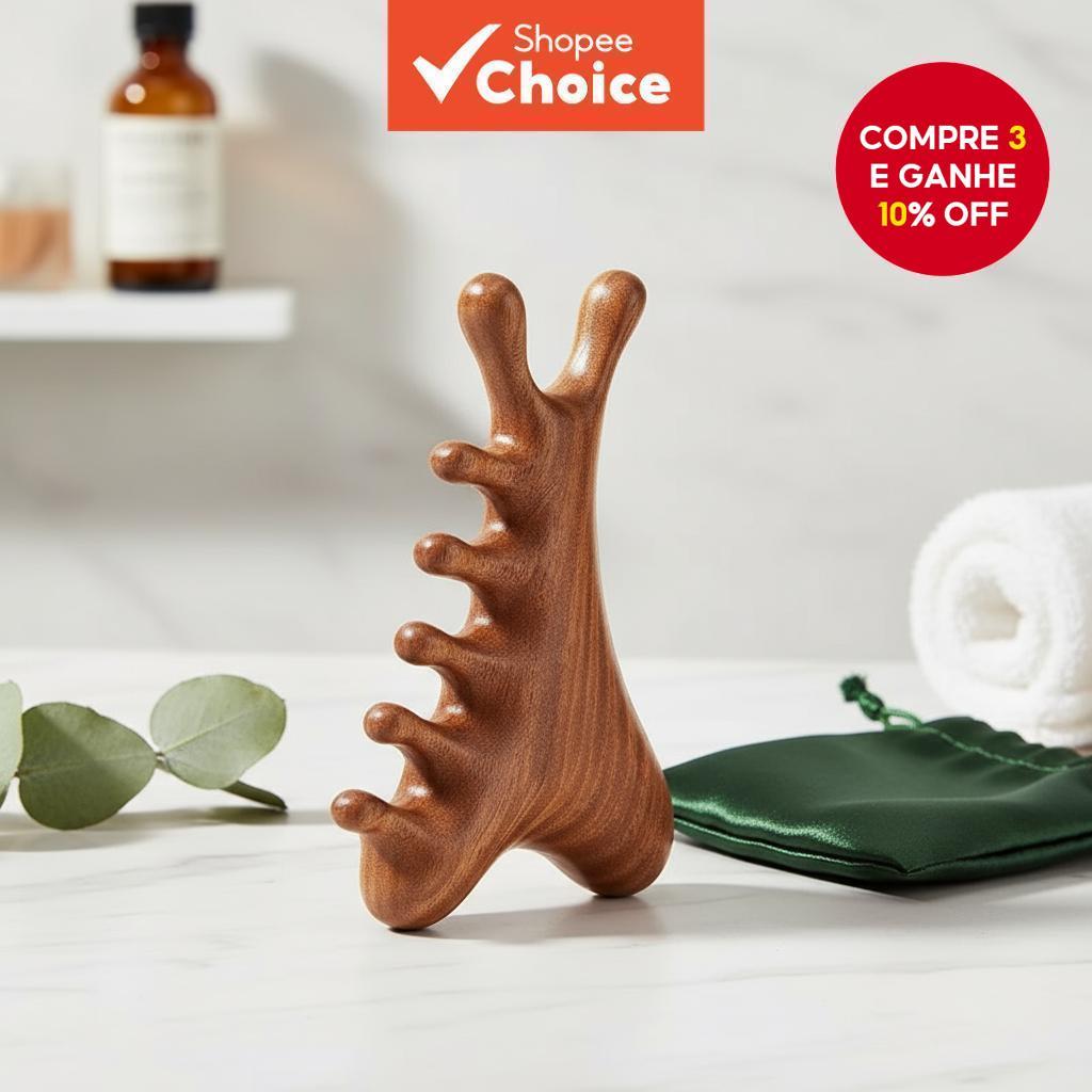Pente de Massagem 4 em 1 Feito de Madeira de Sândalo para Tratamento Linfático Do Couro Cabeludo e Facial, Melhorando a em Oferta na Shopee