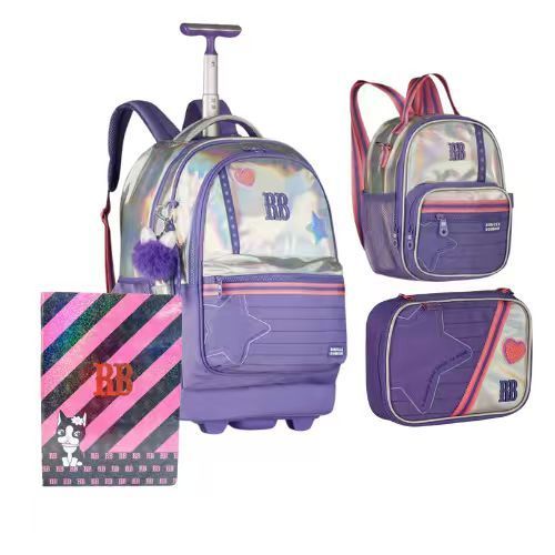 Kit Rebecca Bonbon De Rodinha Holografica Roxa ou Rosa – Mochila De Carro + Estojo + Lancheira + Caderno