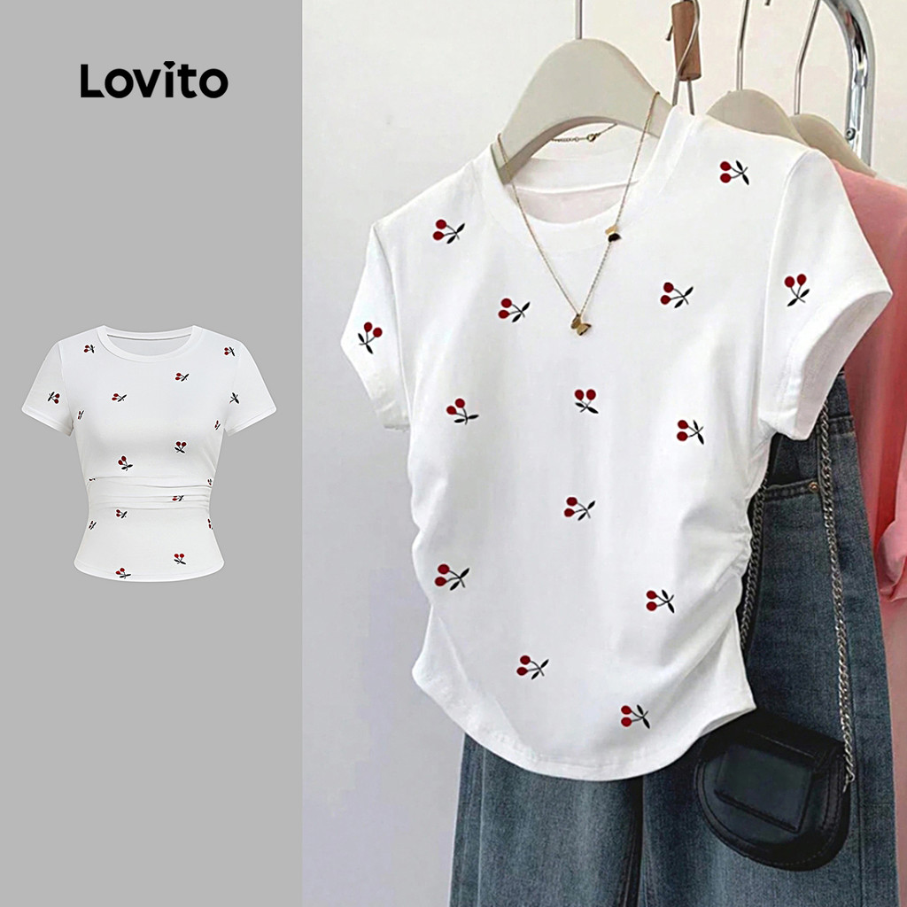 Lovito Camiseta Branca Casual T-shirt com Ruched para Mulheres Primavera/Verão L166AD404 em Oferta na Shopee