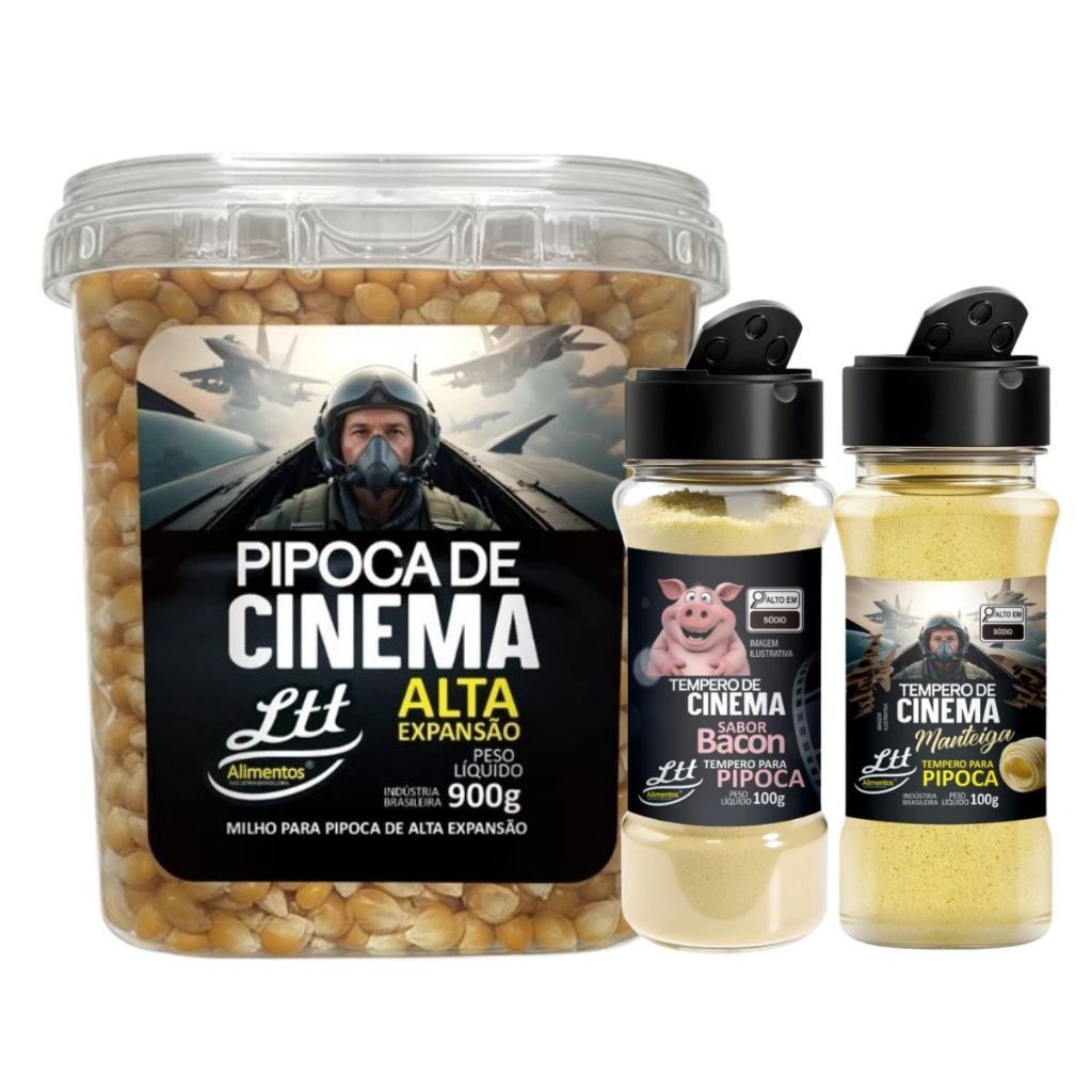 Milho de Pipoca Cinema No Pote 900g + 2 Tempero Para Pipoca Sabor Manteiga E Bacon 100g