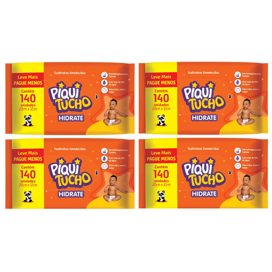 Kit 4x Toalha Umedecida Hidrate Piquitucho C/ 140 Un