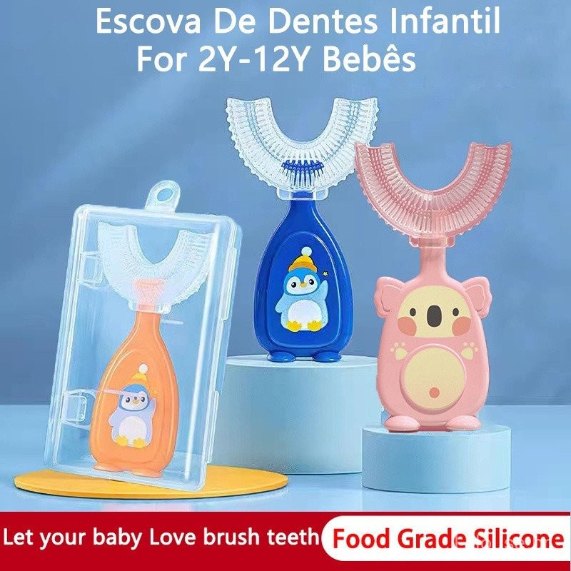 Escova de dentes infantil em forma de U de 360 graus adequada para 2 a 12 anos de idade