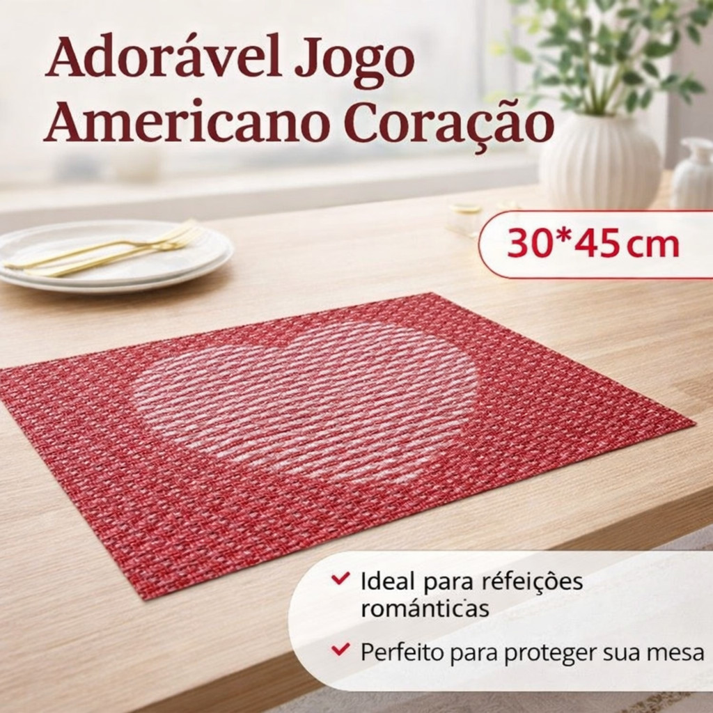 Sousplat Retangular 30x45cm Coração Vermelho - Toque Romântico para Ocasiões Especiais