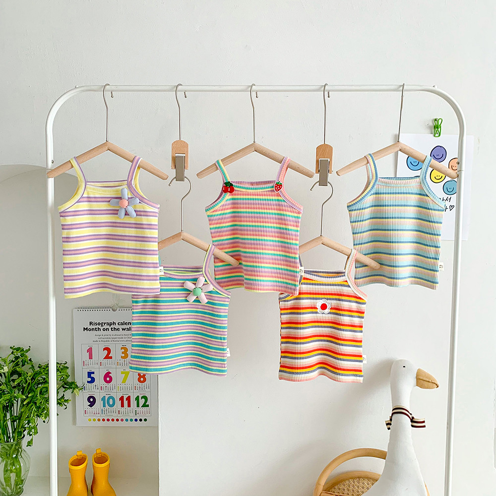 Bebê sem mangas topo verão arco-íris listrado colete estilo fino bebê menina camisola camiseta crianças verão versão cor