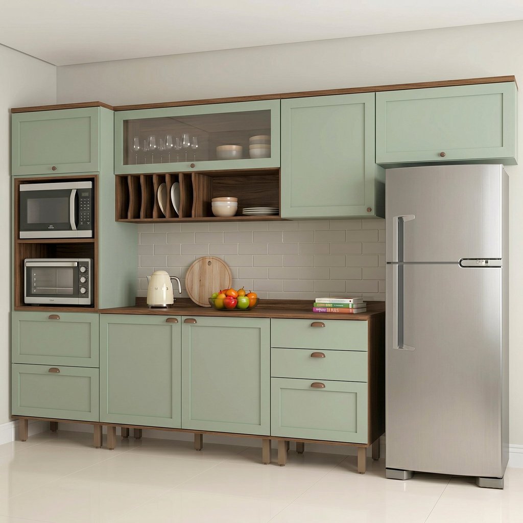 Cozinha Completa Modulada 6 Peças 100% MDF com Torre Quente, Porta Pratos e 2 Balcões com Tampo Iluminata Verde