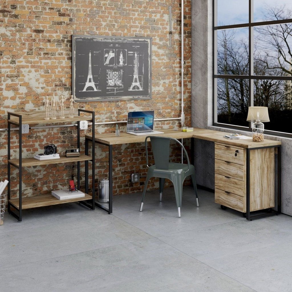 Conjunto 3 Peças com Mesa para Escritório em L, Estante e Gaveteiro Espresso Móveis Industrial Preta Marrom