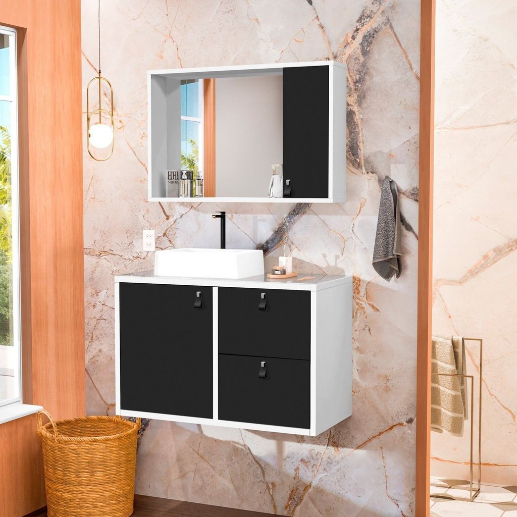 Conjunto Gabinete para Banheiro com Cuba Sobrepor, Tampo de Vidro e Espelheira Toro 80cm Branco/Preto