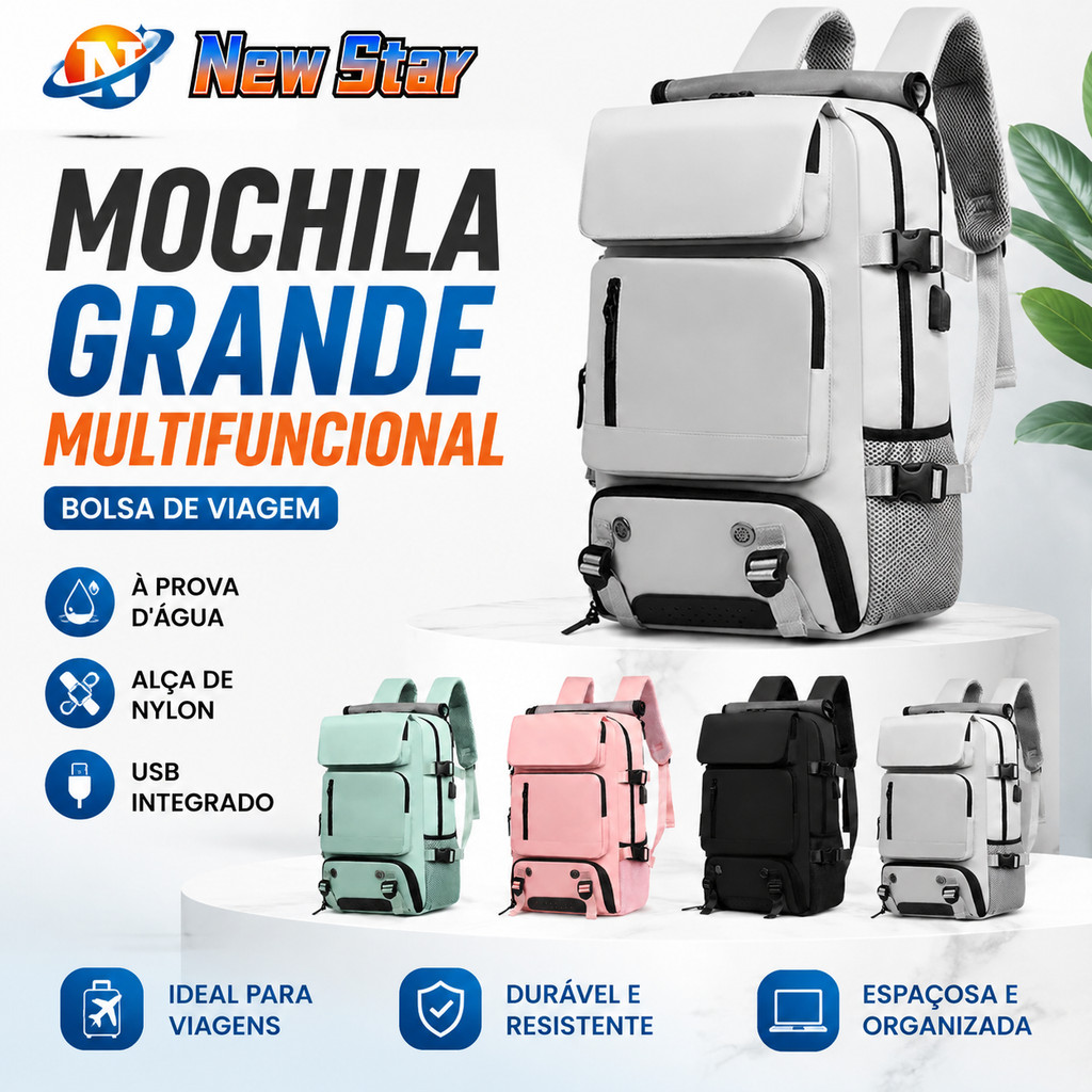 NEW STAR Mochila grande multifuncional, bolsa de viagem, mochila, à prova d'água, alça de nylon, usb