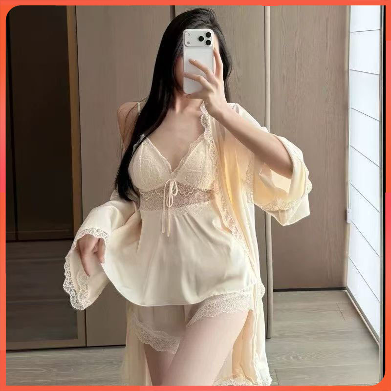 Sexy pijamas femininos de seda gelo fino camisola Shorts camisola conjunto de três peças com almofada no peito puro dese
