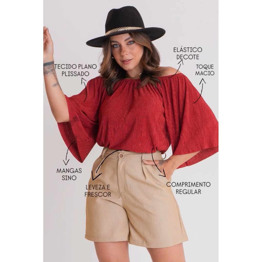 Blusa Plissada Vermelho com Mangas Sino – Estilo e Charme em Oferta na Shopee