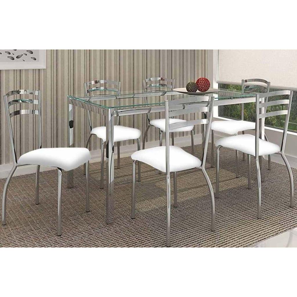 Conjunto: Mesa Sala Jantar Reno c/ Tampo de Vidro 150cm + 6 Cadeiras Portugal Cromado/Courano Branco - Kappesberg em Oferta na Shopee