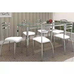 Conjunto: Mesa Sala Jantar Reno c/ Tampo de Vidro 150cm + 6 Cadeiras Portugal Cromado/Courano Branco - Kappesberg