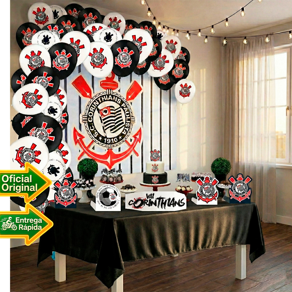 Kit Festa Corinthians Decoração Toalha TNT + 25 Baloes + painel TNT+ 8 Display Aniversário completo