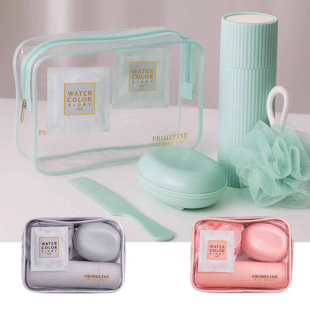 Imagem Kit Viagem com bolsa 5 peças porta escova pente saboneteira e ducha conjunto portátil higiene diária