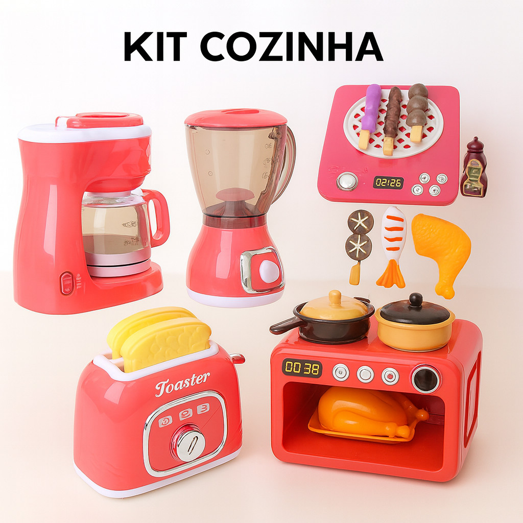 Kit infantil cozinha Fogão + Torradeira + liquidificador + cafeteira + grill  Brinquedo Infantil Emite Som