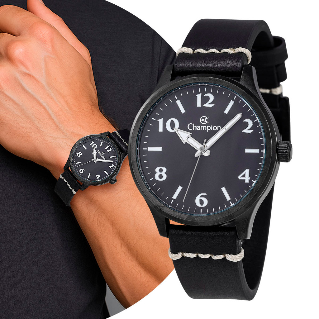 Relógio Masculino Preto de Pulso com Pulseira de Couro e Caixa de Aço Inoxidável Luxo Casual Social Champion Original