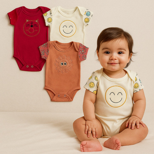 Kit 03 Peças Bodie Body Bebe Infantil Manga Estampada Curta