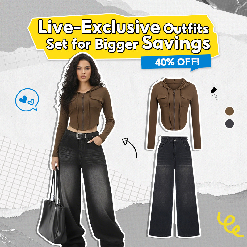 Lovito Live Conjunto Exclusivo - Camiseta Com Zíper Liso + Calças Jeans Casual Com Lavagem 102AD449 & LNE29373