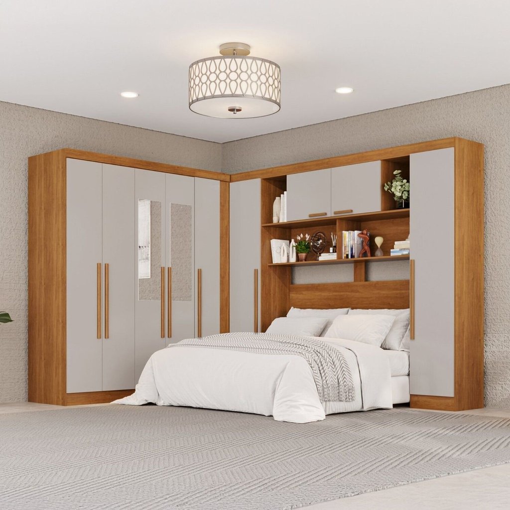 Guarda-Roupa de Canto com Espelho Modulado 9 Portas 2 Gavetas Argentina Bege/Cinamomo/Off-White Cinamomo/Off White
