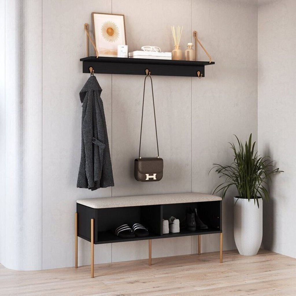 Conjunto Sapateira Banco Estofada e Prateleira Pé Metal Oslo Preto Nero/Dourado Nero/Dourado