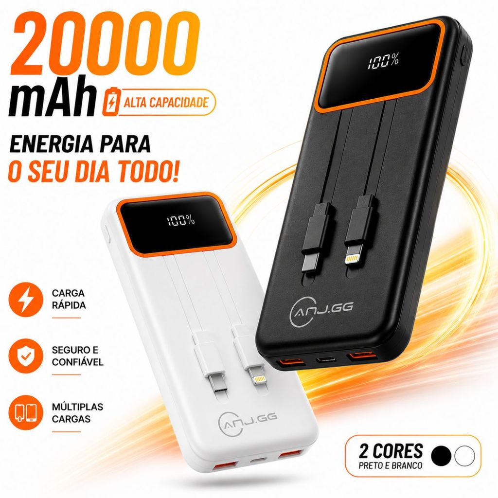 Bateria Externa 20000mAh Power Bank Carregador Portátil USB-C Lightning Turbo Universal Display Led