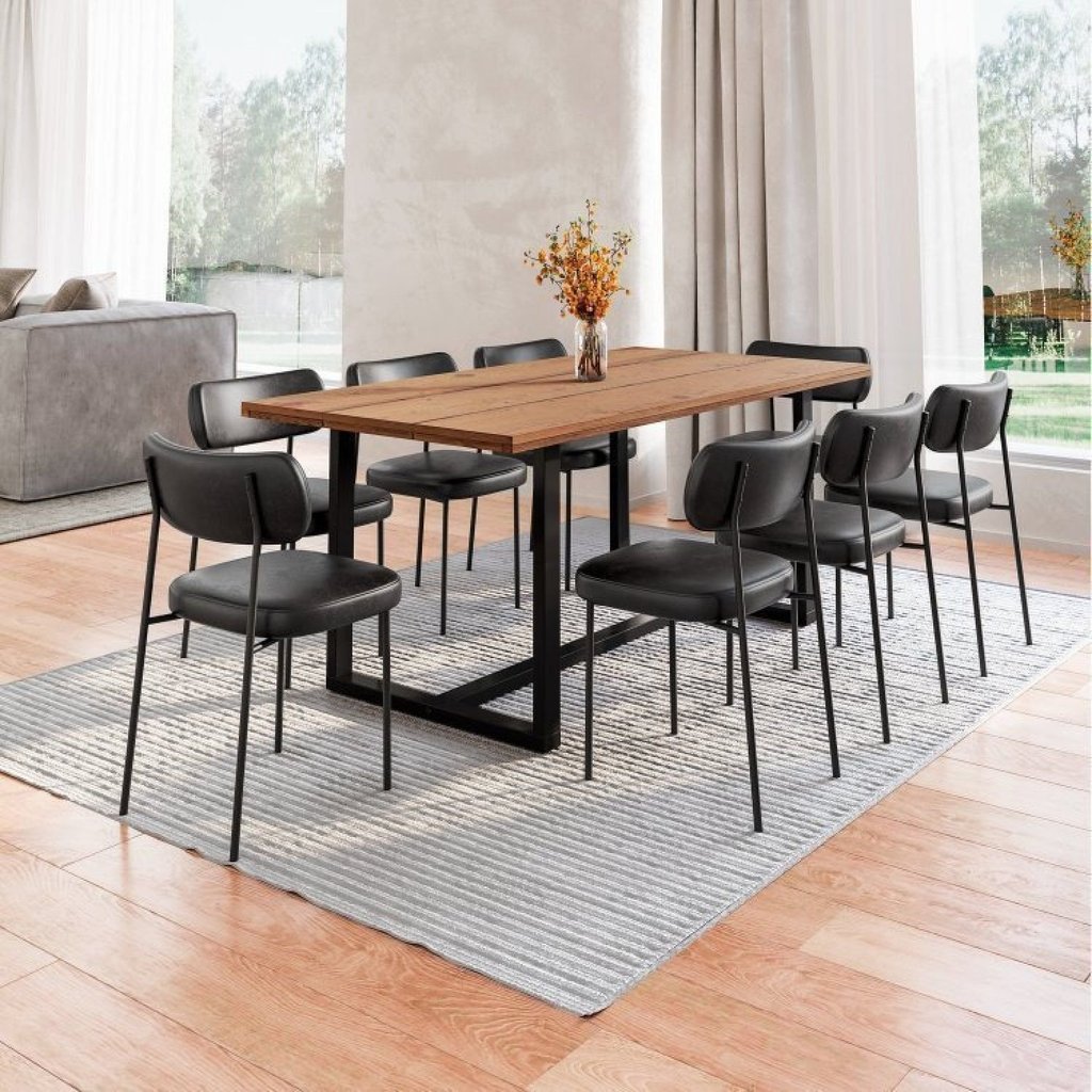 Conjunto Mesa de Jantar Rústica de Madeira Maciça com 8 Cadeiras Mona Marrom/Preto