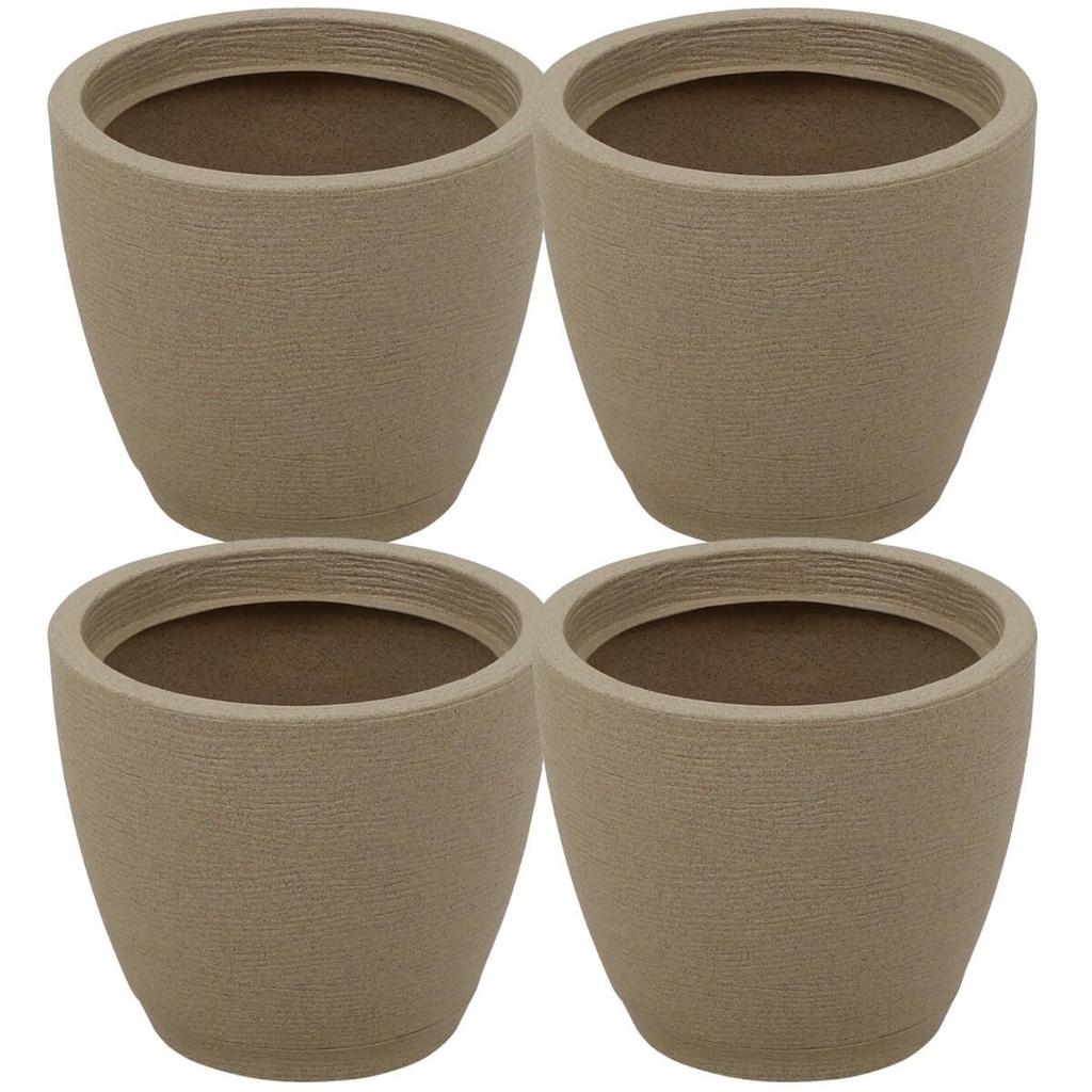 Kit 4 Vasos para Flores com Prato Asteca Tramontina Plástico 24cm Granito Areia Folhagens Plantas