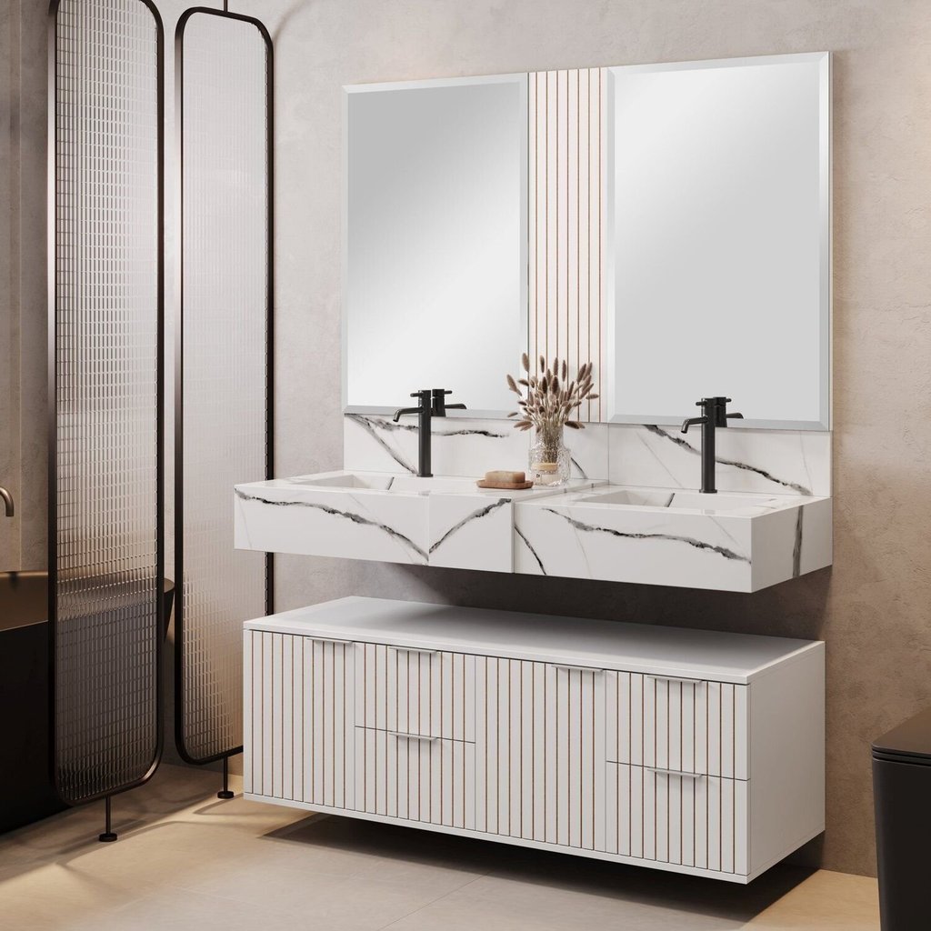Bancada em Porcelanato 120cm com Cuba Esculpida Ripy Branco/Calacata Calacata