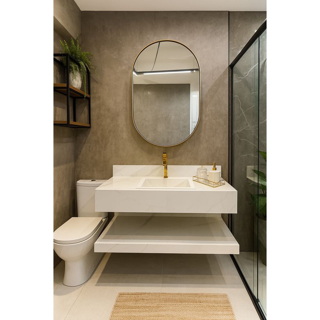 Bancada em Porcelanato para Banheiro 80cm Com Cuba Branco