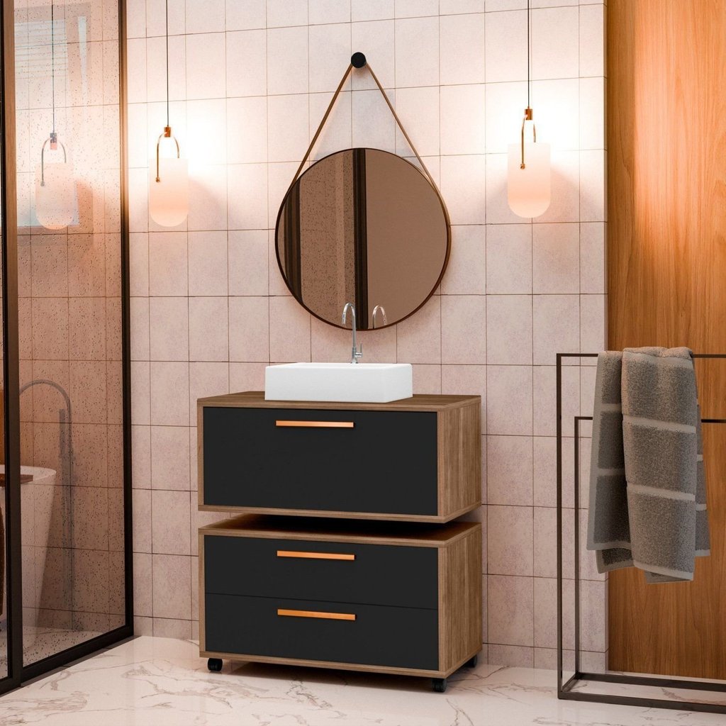 Conjunto Gabinete para Banheiro com Rodizio com Cuba de sobrepor e Espelho Kyoto 80 cm Avelato/Preto